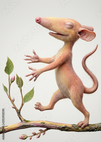 Rat - sleepwalker walks on a branch. Realistic drawing of an animal. Illustration for children.