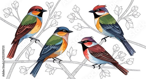Watercolor illustration of four colorful small birds perched on branches