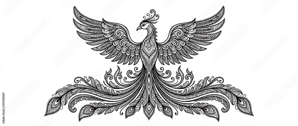 Fototapeta premium Elegant Mythical Bird with Ornate Feathers Isolated