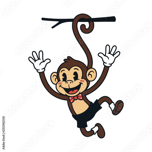 Canvas Print A happy cartoon monkey with a bow tie and shorts, hanging from a branch by its tail