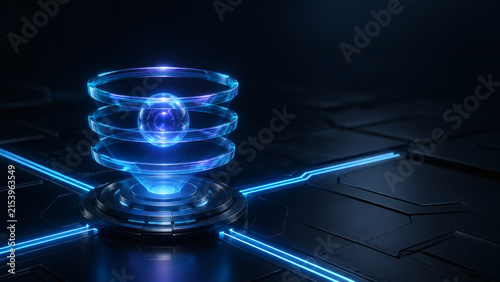 Futuristic Database with Glowing Orb: An abstract representation of a futuristic database, featuring glowing blue rings and a central orb connected by illuminated lines on a dark, textured surface.