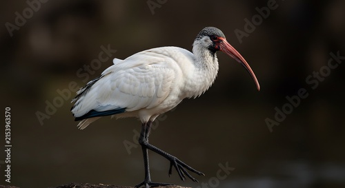 White Ibis in its Natural Habitat: A striking white ibis with a black-tipped beak and striking black wingtips stands elegantly on a rocky shore.