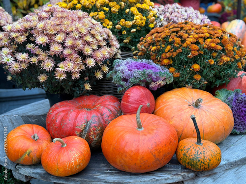 Pumpkins and chrysanthemums fall decor 
