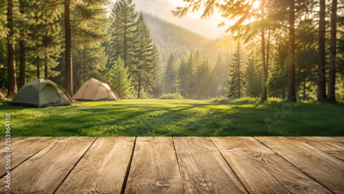 Serene Forest Campsite: Two tents are pitched in a sun-dappled clearing within a lush coniferous forest, with a rustic wooden table in the foreground. Sunlight streams through the trees.