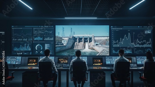 Modern control room monitoring hydroelectric dam with data visualization screens.