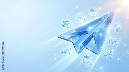 3D rendering of a translucent blue crystalline paper plane flying through a digital background, surrounded by floating glass icons for email, messaging, scheduling, and business data.