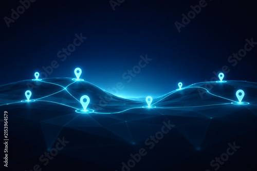 Digital Navigation Network: A futuristic network of glowing blue location pins interconnected by luminous lines, illustrating a vast digital map or global connection concept.