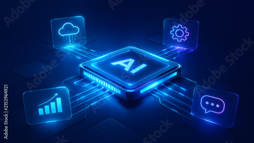 Artificial Intelligence Core Concept: A central AI chip with glowing blue circuits radiates technological power, connecting to various digital icons representing cloud computing, analytics, settings.