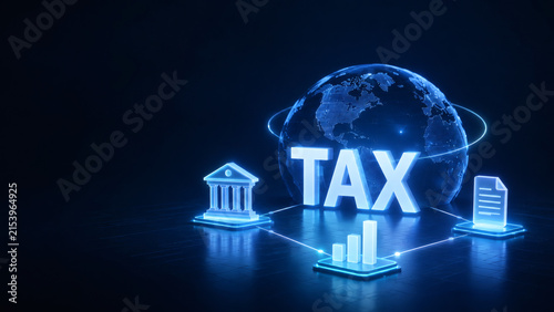 Global Tax System: A glowing blue digital representation of the Earth, signifying a worldwide tax system, is surrounded by icons of a bank, a document, and a bar graph.