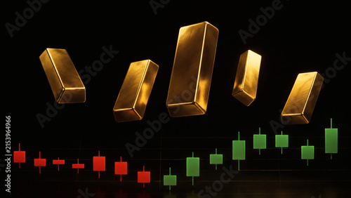 Golden Investment Bars Floating Above Financial Market Chart: A display of gleaming gold bars suspended in the air above a fluctuating financial market chart, symbolizing wealth, investment.
