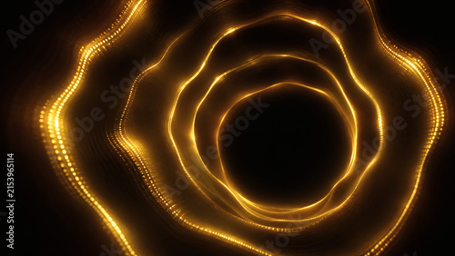 Golden Sound Wave Tunnel: An abstract visualization of golden, glowing sound waves creating a tunnel-like effect against a dark background, evoking a sense of energy and flow.