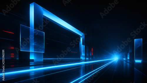 Cybernetic Gateway: A futuristic, abstract digital landscape illuminated by vibrant blue neon lights.