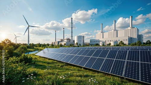 Sustainable energy production, wind turbines and solar panels near industrial power plant, renewable resources concept.