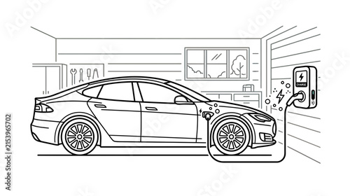 Electric Car Charging in Garage Illustration