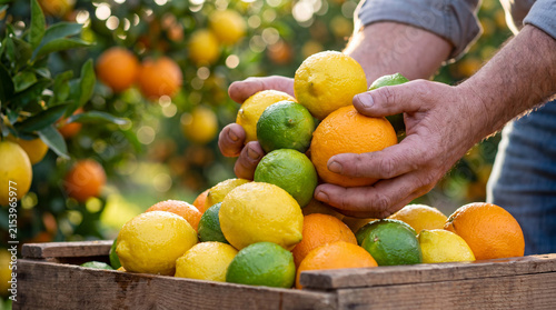 Obraz na płótnie Close-up photograph of a farmer's hands carefully placing freshly harvested citrus fruits into a rustic wooden crate