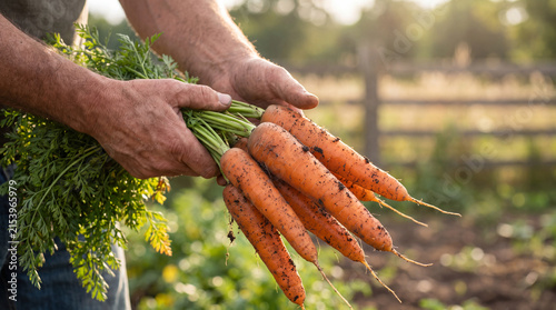фотографія Hands holding a fresh bunch of organic carrots with green tops, earthy from a sustainable garden in golden hour