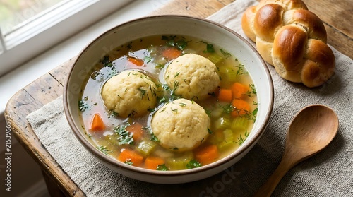 A warm bowl of delicious chicken soup with matzo balls and fresh vegetables on a rustic wooden table. Jewish Cuisine