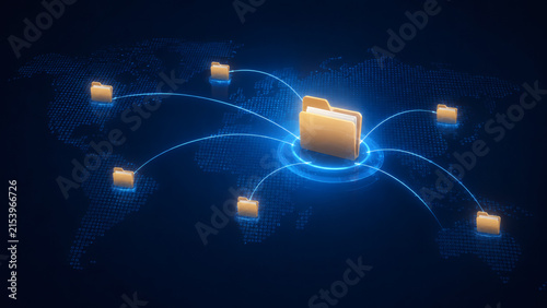 Digital Network of Folders: A central folder connected to satellite folders via glowing blue lines, representing a digital network or data storage system.