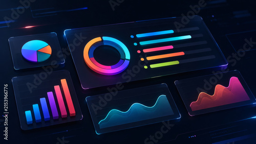 Digital Data Dashboard: A futuristic holographic display showcasing a variety of charts and graphs, including pie charts, bar graphs, and line graphs.