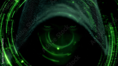 Mysterious hooded hacker gazing intently through glowing green digital interface circles with intense dark shadow lighting