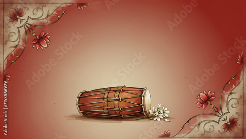 Traditional indian percussion instrument dholak isolated on decorative red background with percussion instrument traditional