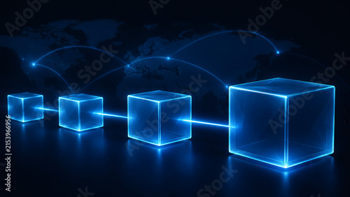 Digital Network Blocks: Glowing blue cube shapes are interconnected in a chain, symbolizing a digital network or blockchain technology against a dark background with a faint world map.