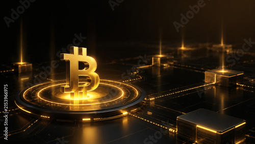 Golden Bitcoin Symbol Illuminated: A gleaming golden Bitcoin symbol stands at the center, radiating light and energy in a futuristic digital landscape.