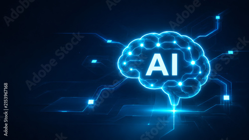 AI Brain Circuitry: A stylized blue brain silhouette with 'AI' prominently displayed signifies artificial intelligence, interconnected by glowing circuits and nodes against a dark.