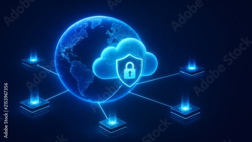 Secure Cloud Network: A futuristic representation of cloud computing security, with a glowing globe connected to a secure cloud icon featuring a shield and lock, linked to multiple data servers.