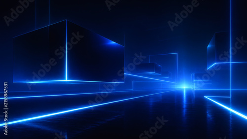 Abstract Neon Grid Futurism: A surreal, dark digital landscape illuminated by vibrant neon blue lines, forming geometric shapes and an abstract grid, creating a sense of futuristic depth and mystery.