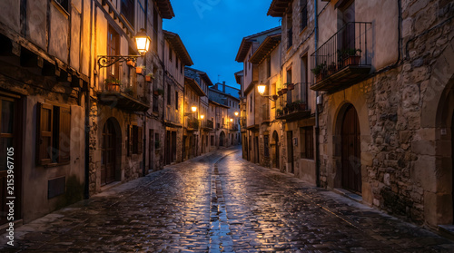 Atmospheric view of a charming old European town street at night. Historic stone buildings with balconies and warm glowing street lanterns are reflected in the wet cobblestone pavement under a deep...