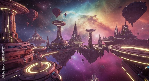 Aboard a Futuristic Space Station: A breathtaking view of a sprawling, futuristic metropolis floating in the vast expanse of a colorful nebula, showcasing advanced technology and cosmic architecture.