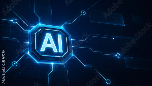 AI Symbol Circuit Board: A glowing hexagonal icon with AI inscribed inside is central to a blue circuit board pattern, symbolizing artificial intelligence and digital connectivity.