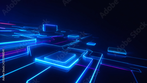 Neon Grid Landscape: A futuristic, abstract landscape rendered in glowing neon blue and purple lines, suggesting a digital world or advanced technology.