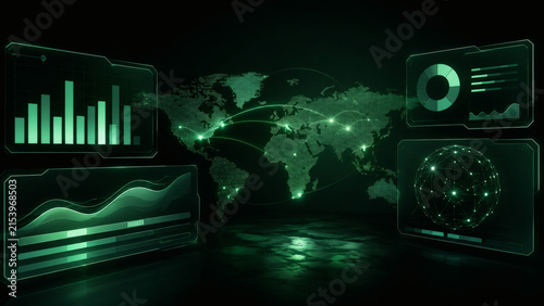 Global Network Data Visualization: A futuristic interface displays a glowing world map with interconnected nodes.