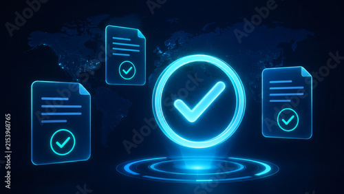 Digital Verification and Compliance: glowing digital icons of documents with checkmarks surround a central, illuminated checkmark, symbolizing digital verification, compliance.