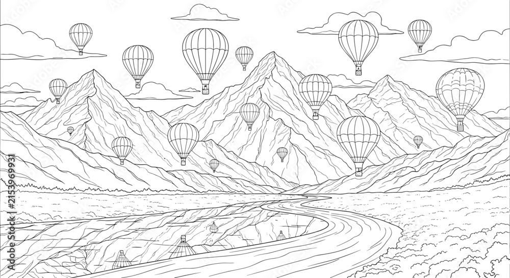 Fototapeta premium Breathtaking mountain landscape with many hot air balloons flying in sky