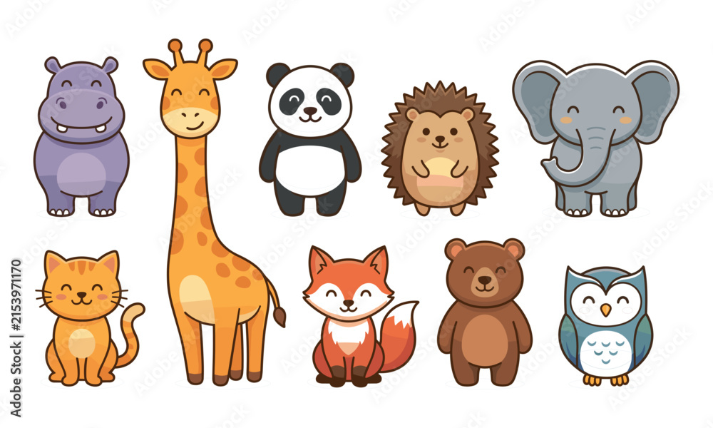Obraz premium Cute cartoon animals including giraffe panda hedgehog elephant fox and bear with friendly expressions arranged together in playful children’s illustration design