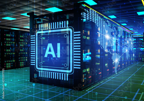AI data center infrastructure. Server racks with artificial intelligence chip visualization for cloud computing and digital network processing.