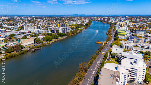 Aerial View of Brisbane River and Riverside Suburbs in Brisbane, Queensland, Australia