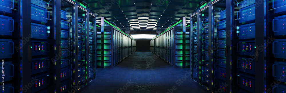 Naklejka premium Data center. Server racks operate in a modern data center, providing cloud computing, AI processing, high-performance computing, secure data storage and network infrastructure.