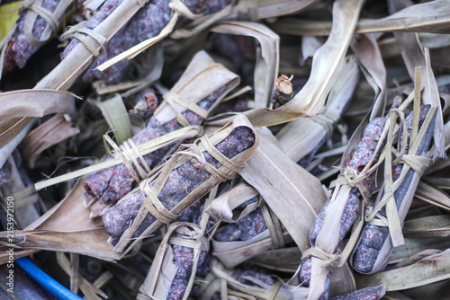 Konstfotografi Lac on rain wood in dry coconut leaf prepare to hang on rain trees for propagati