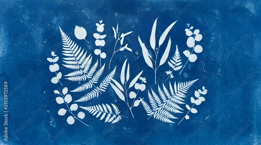 Obraz premium Cyanotype Botanical Silhouette Sun Print Wellness Photography Blue