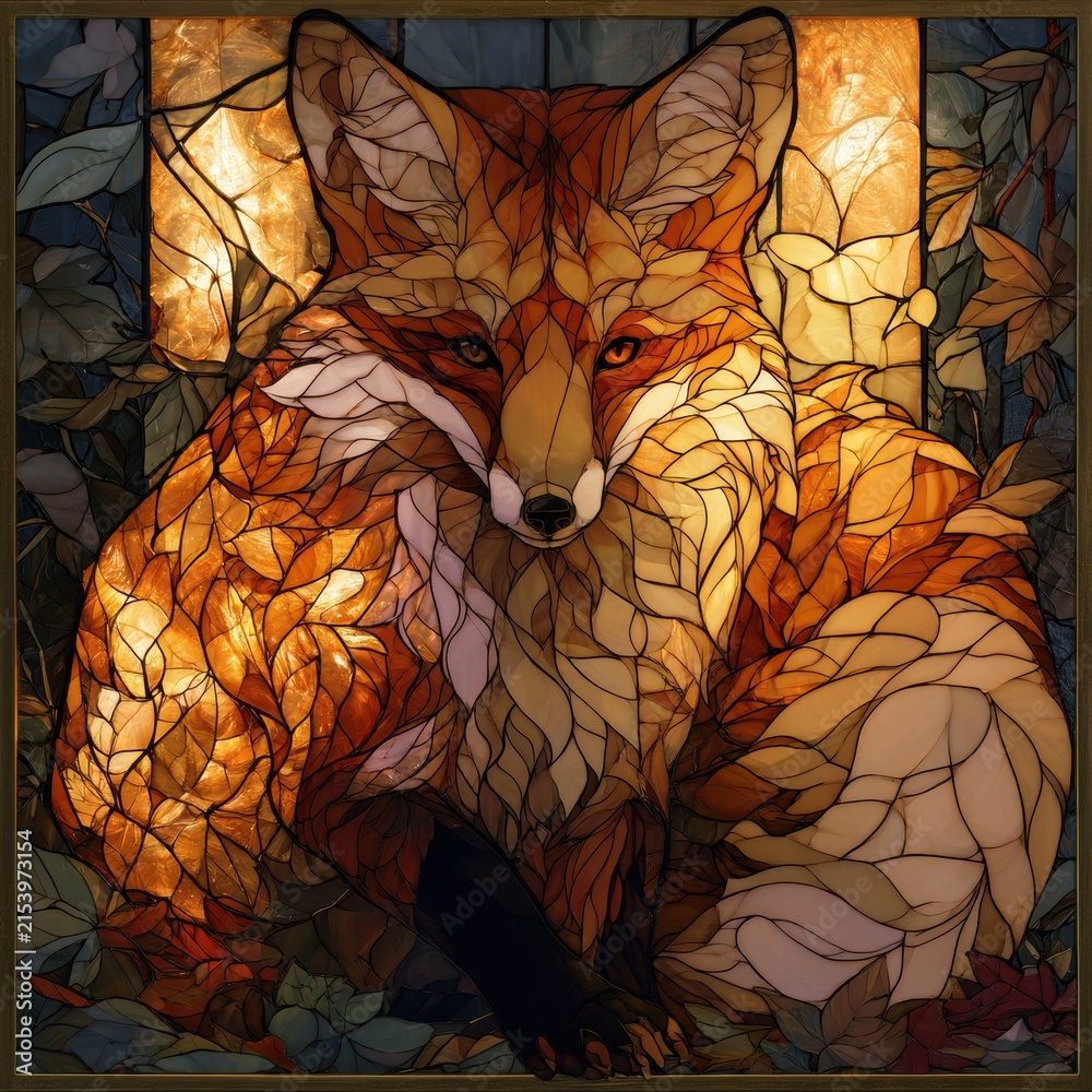 Naklejka premium A fox appears within stained glass panels, surrounded by leaves in warm russet tones. The glass captures a vivid light, creating a rich glow.