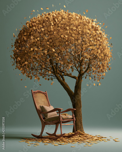 A wooden rocking chair resting under a tree with falling gold coins against a minimalist teal studio background. Excellent for retirement fund advertisements, pension planning services