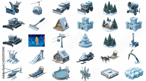 Collection of Isometric Winter and Transportation Illustrations.