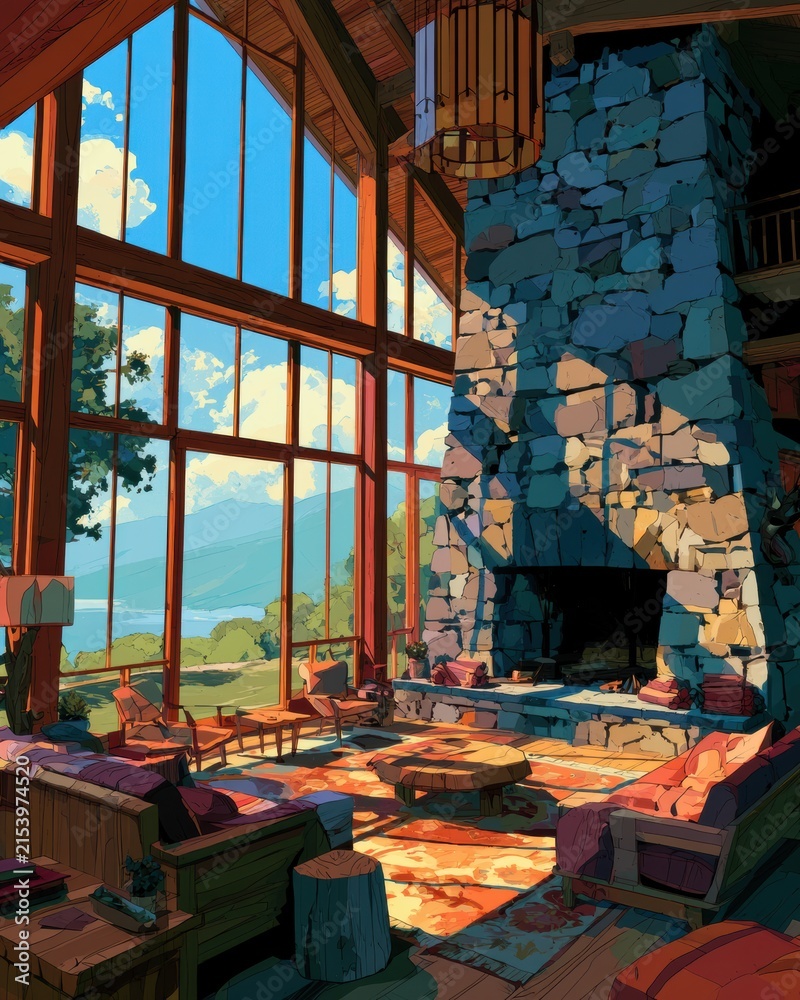 Obraz premium A cozy lodge space features a fireplace, large windows showing the view, and retro decor. This scene evokes a sense of nostalgia and warmth.
