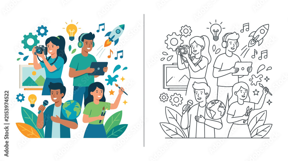 Fototapeta premium Creative Young People Teamwork, Diverse Talents, Isolated