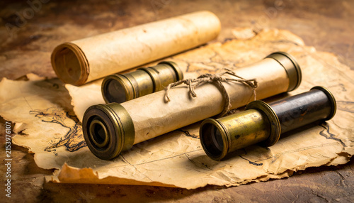 Close-up of aged map, scrolls, and antique spyglasses on a textured, brown surface. Evokes a sense of exploration and history