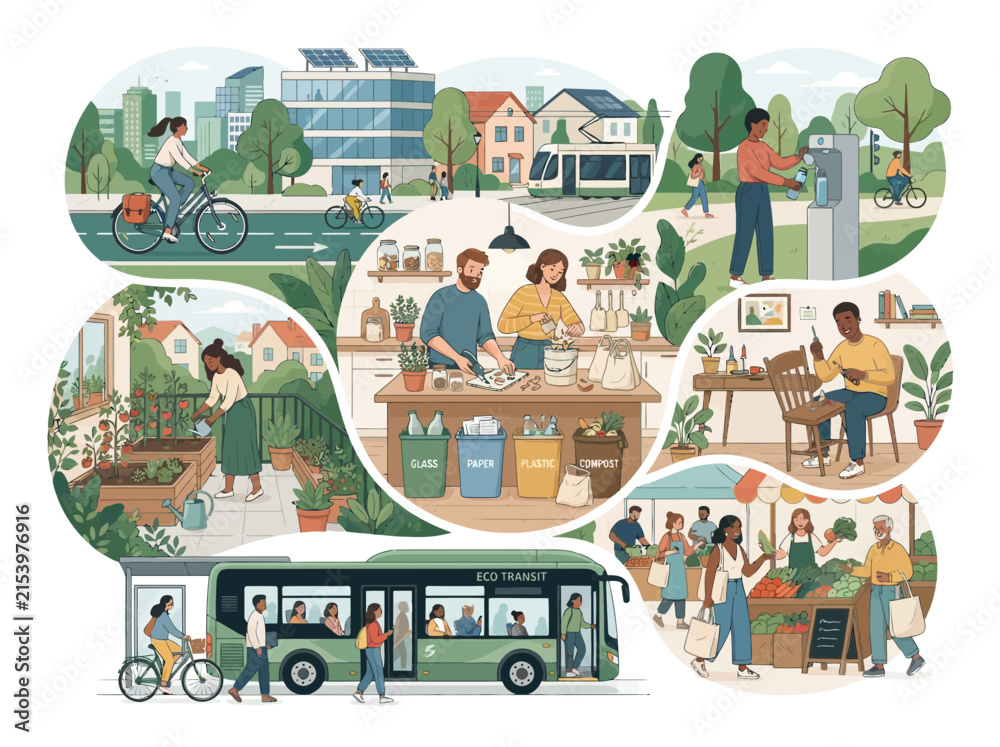 Naklejka premium Eco Friendly Urban Lifestyle Activities Vector Illustration Collage